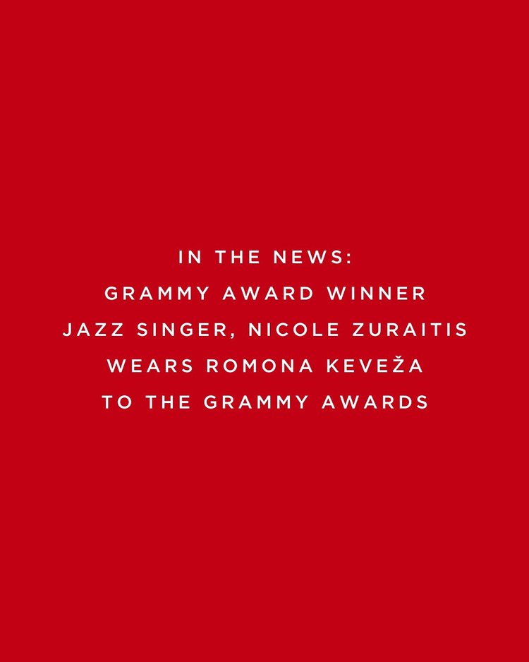 IN THE NEWS

Grammy Award Winner and 4 Times Grammy-Nominated Jazz Singer, Nicole Zuraitis is giving off Classic Hollywood Vibes in a Romona Keveža Collection Gold draped Mermaid gown, made of Silk Shantung Taffeta, featuring an off-the-shoulder neck